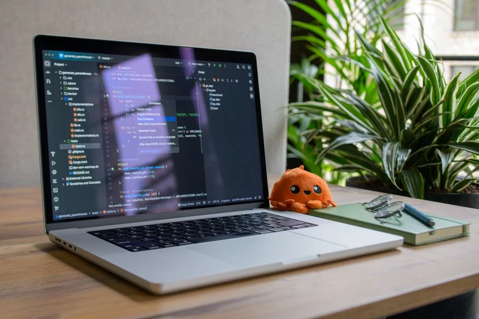 Un homme retouche l’image d’un fruit sur un MacBook Pro, assis dehors sur l’herbe.